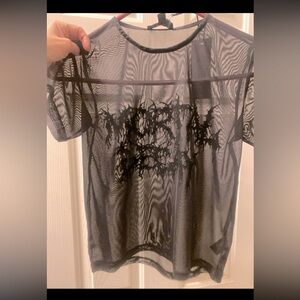 Mortal Decay Black Metal font mesh sheer Widow tee